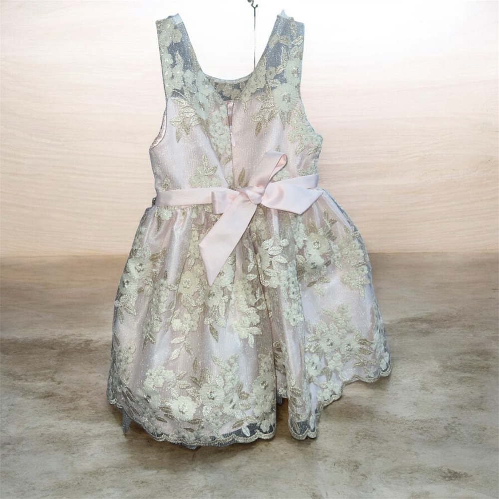American Princess Pink Gold Metallic Floral Lace Flared Party Dress